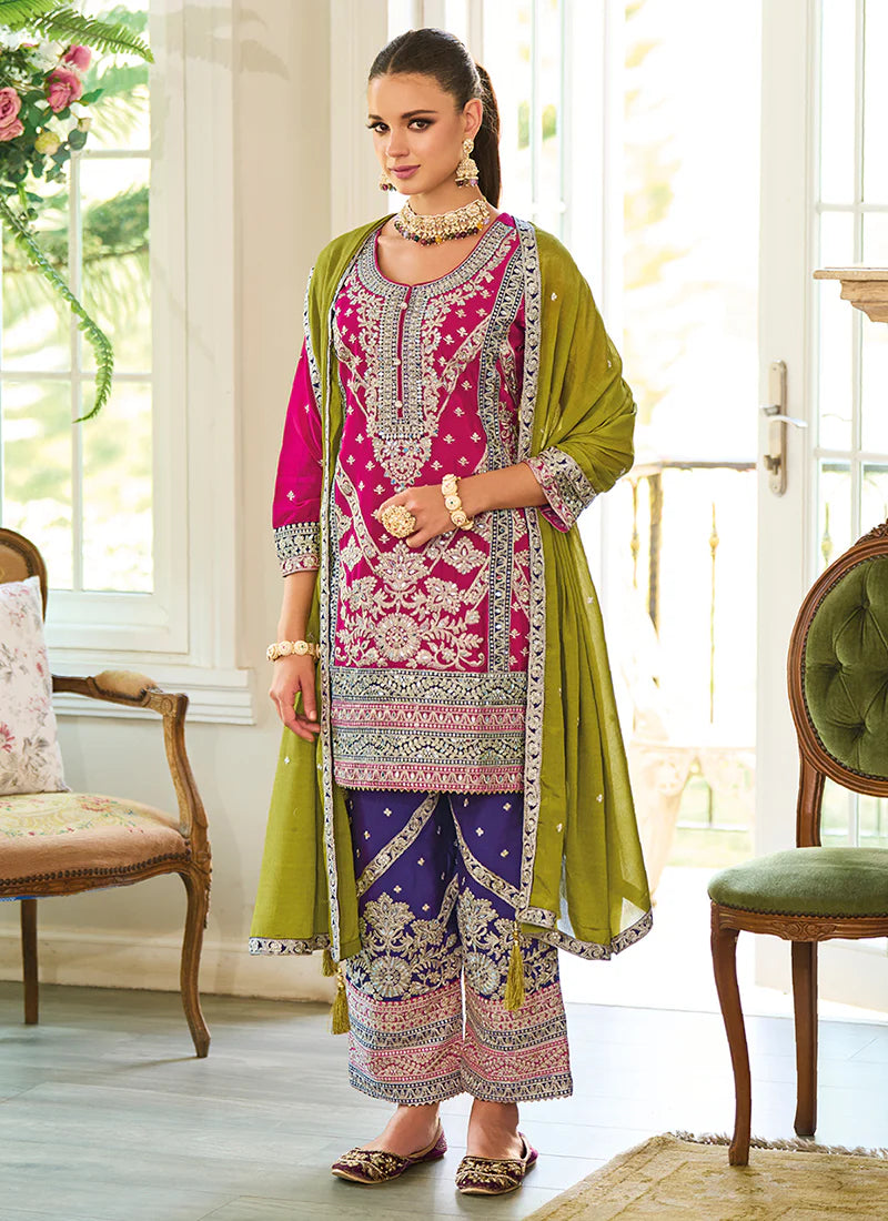 Pink and Purple Palazzo Suit Featuring Stunning Multicolored Embroidery