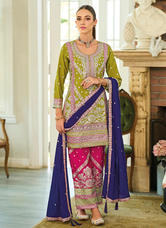 Pink and Green Palazzo Suit Featuring Stunning Multicolored Embroidery