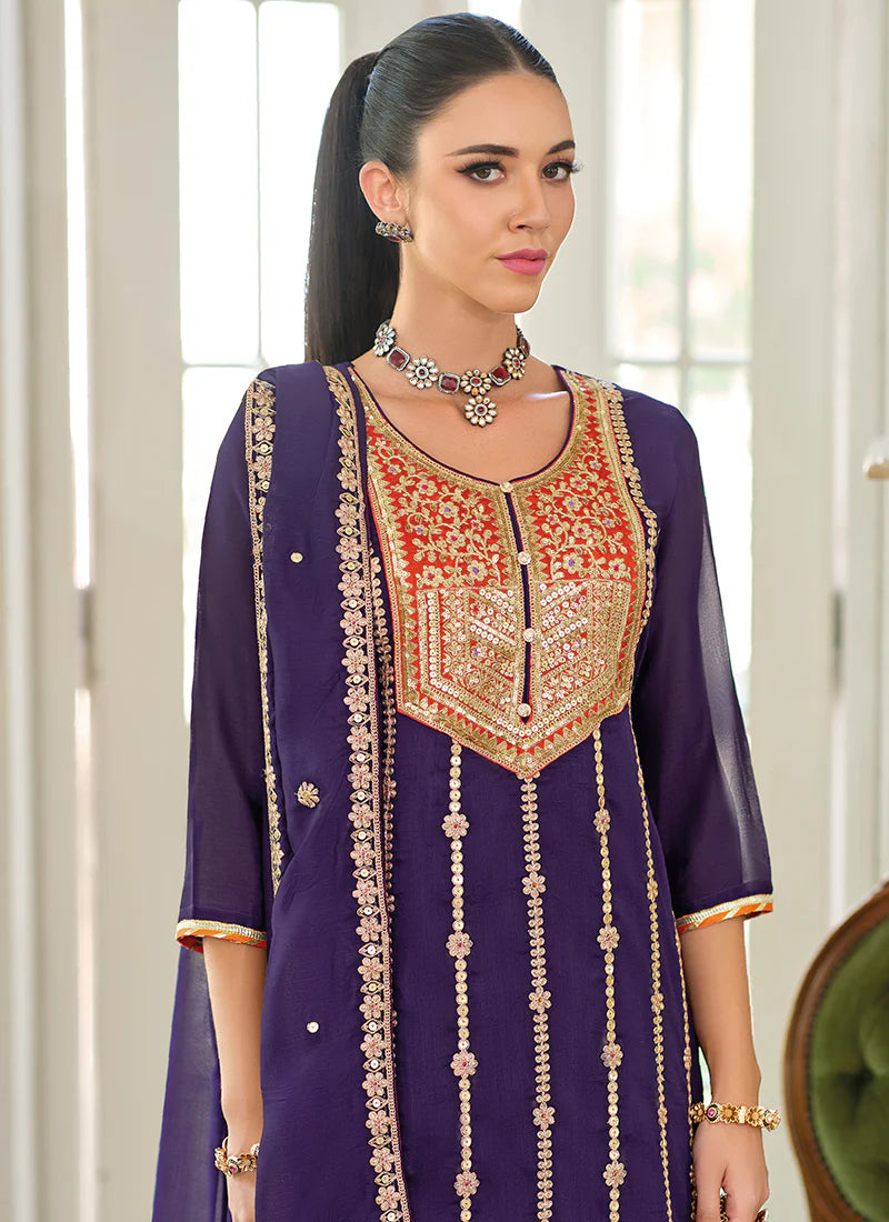 Vibrant Purple Wedding Sharara Suit with Multi-Embroidery