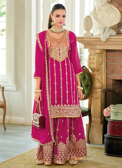 Vibrant Rani Pink Wedding Sharara Suit with Multi-Embroidery