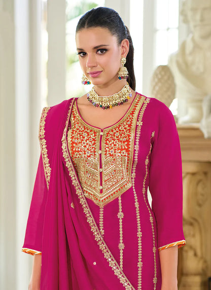 Vibrant Rani Pink Wedding Sharara Suit with Multi-Embroidery