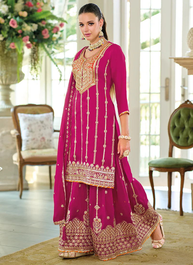 Vibrant Rani Pink Wedding Sharara Suit with Multi-Embroidery