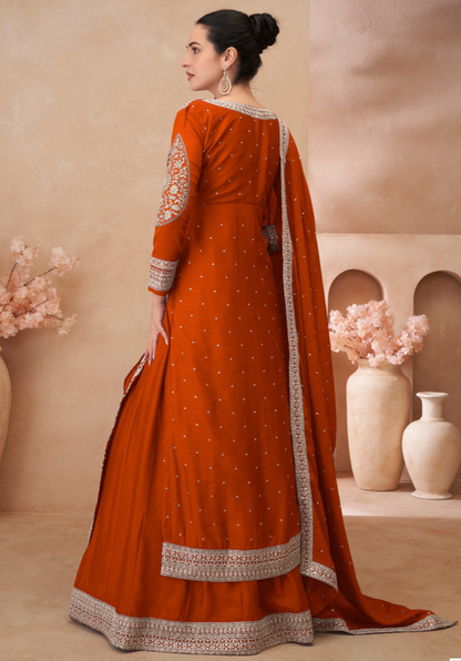 Orange Chinnon Embroidered Anarkali Suit Dupatta for Indian Festivals and Pakistani Weddings