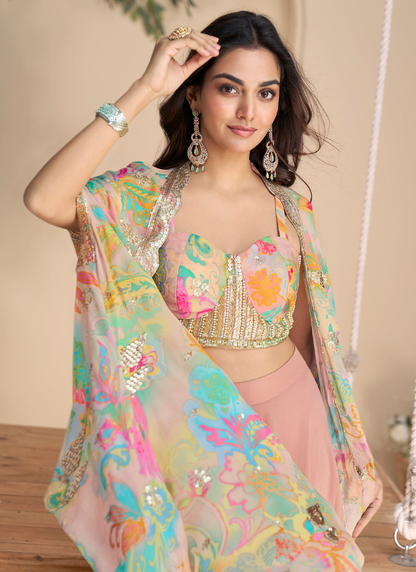 Pastel Pink Cape Style Sharara Set with Embellished Blouse and Designer Shrug