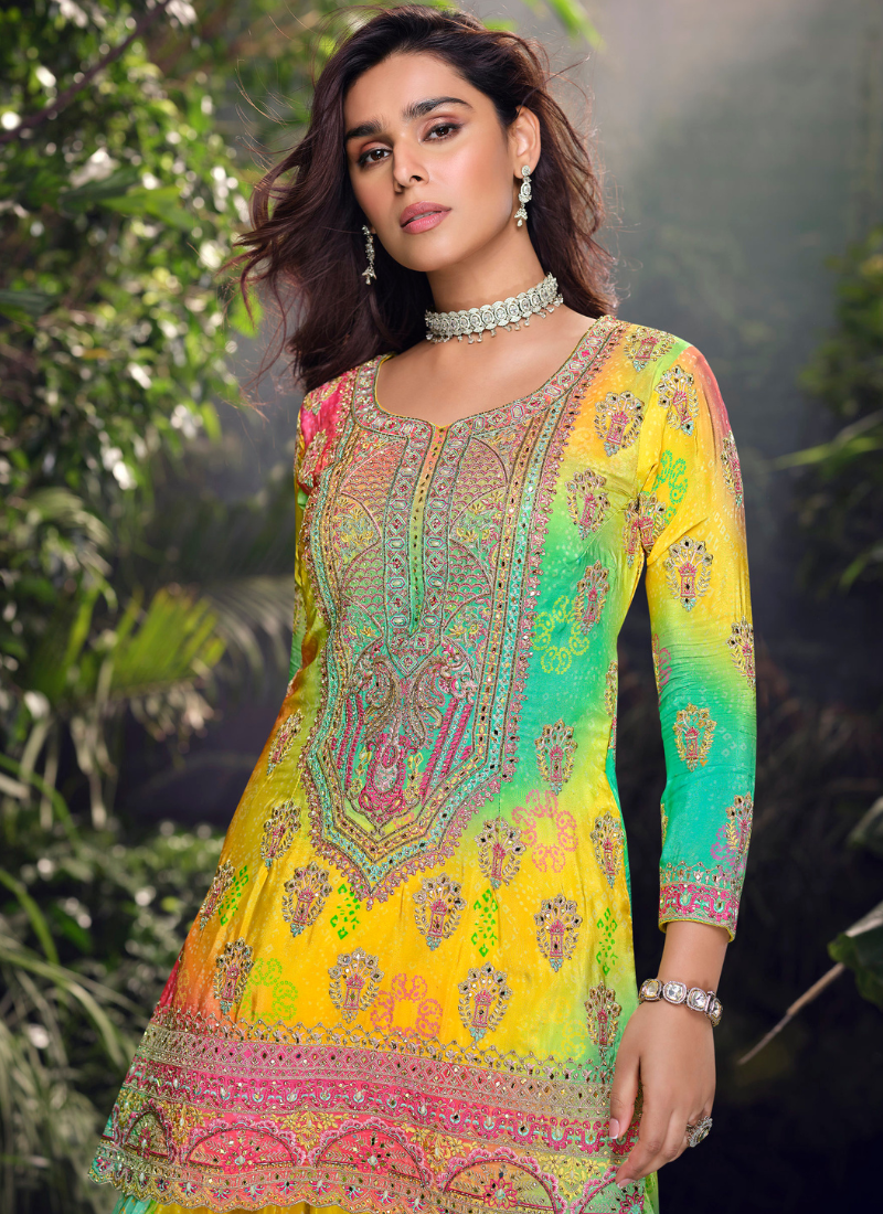 Multicolor Chinnon Silk  Embroidery Sharara Suit with Dupatta for Pakistani Festivals and Indian Weddings