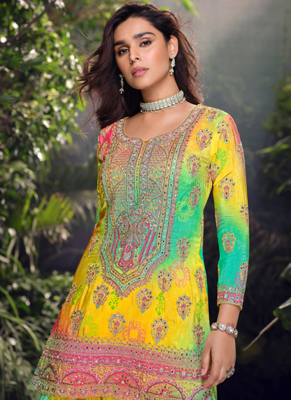 Multicolor Chinnon Silk  Embroidery Sharara Suit with Dupatta for Pakistani Festivals and Indian Weddings