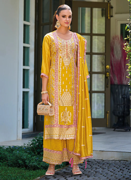 Yellow Pakistani Suit with Multicolored Embroidery