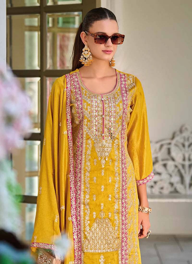 Yellow Pakistani Suit with Multicolored Embroidery