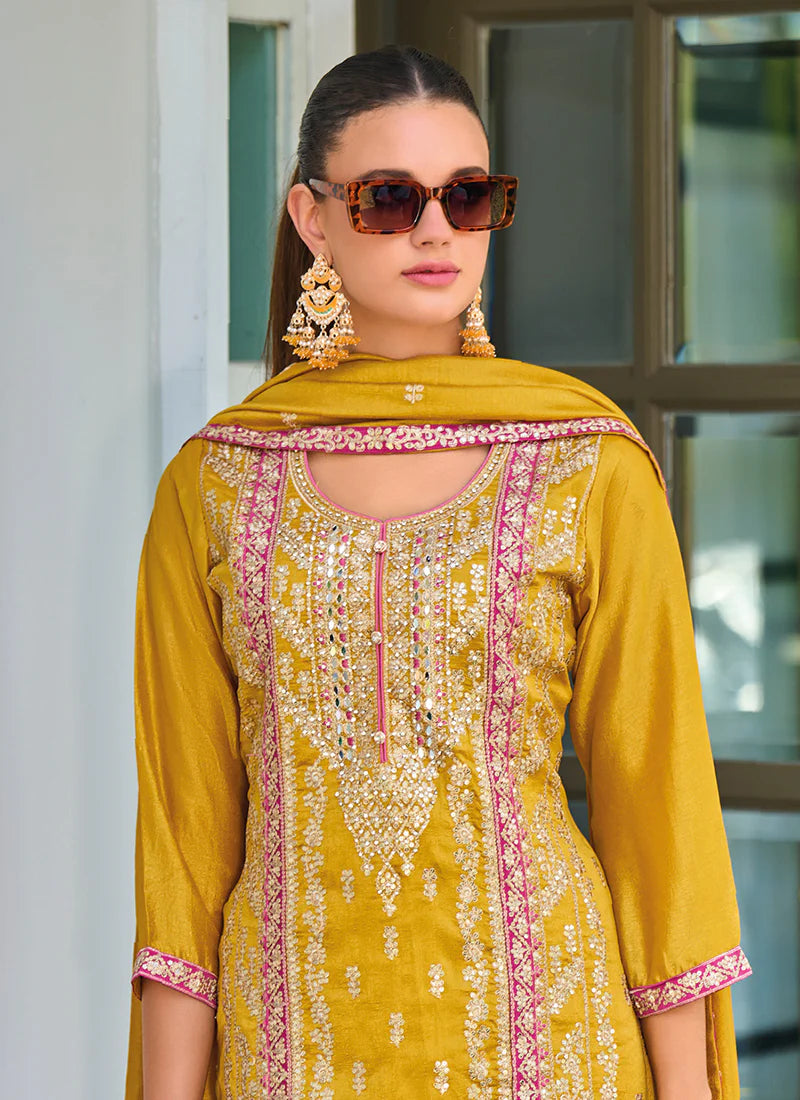 Yellow Pakistani Suit with Multicolored Embroidery