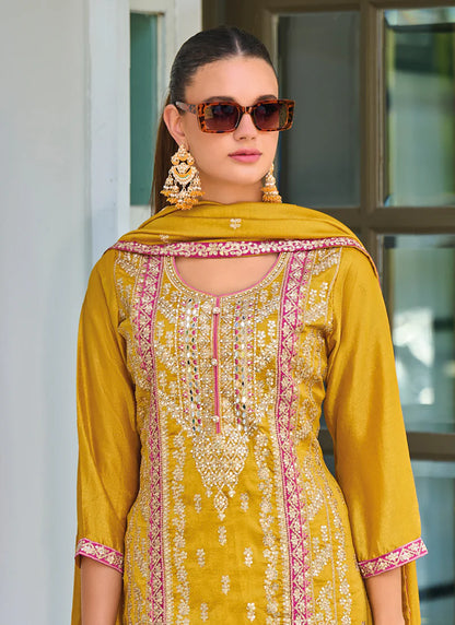 Yellow Pakistani Suit with Multicolored Embroidery