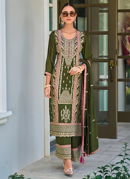 Olive Green Pakistani Suit with Multicolored Embroidery