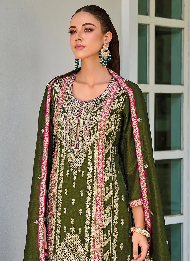 Olive Green Pakistani Suit with Multicolored Embroidery