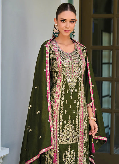 Olive Green Pakistani Suit with Multicolored Embroidery