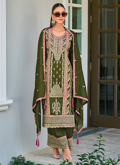 Olive Green Pakistani Suit with Multicolored Embroidery