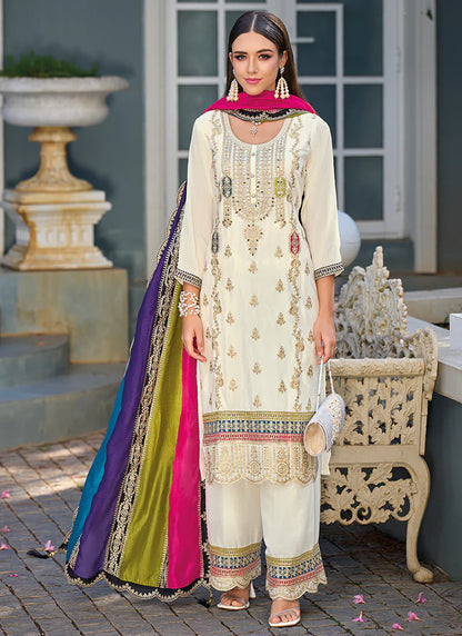 Elegant Off-White Pant Suit with Multicolored Traditional Embroidery