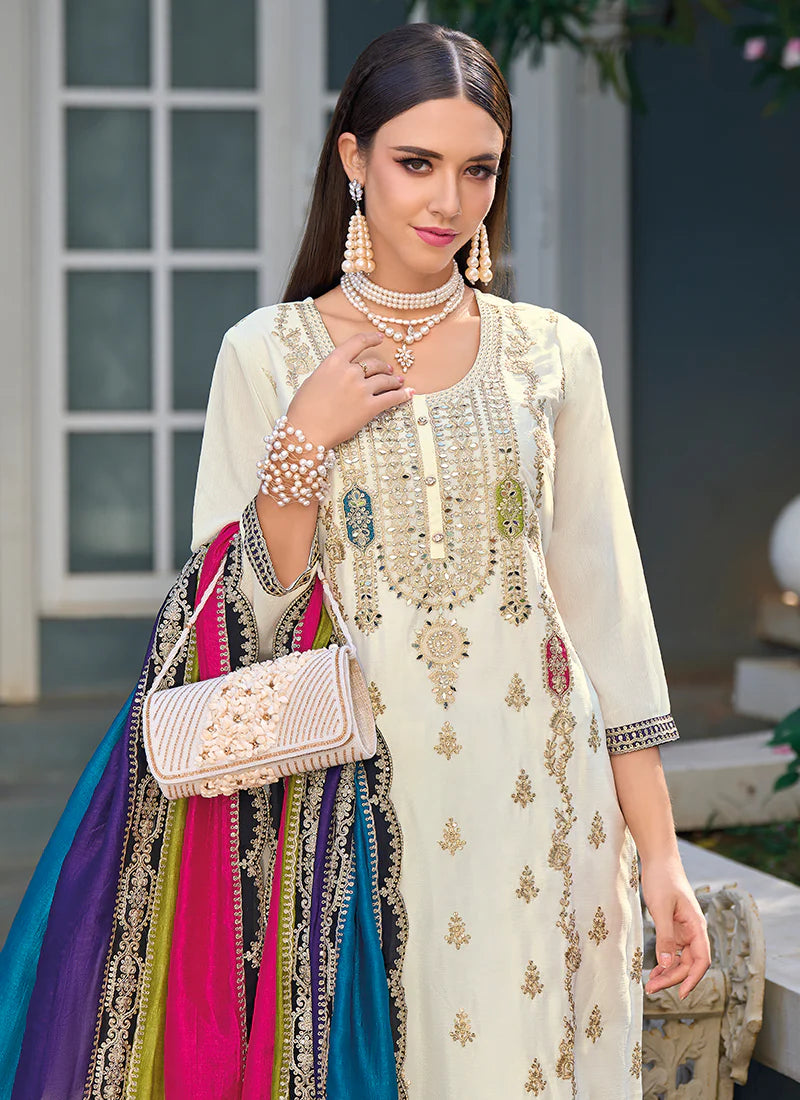 Elegant Off-White Pant Suit with Multicolored Traditional Embroidery