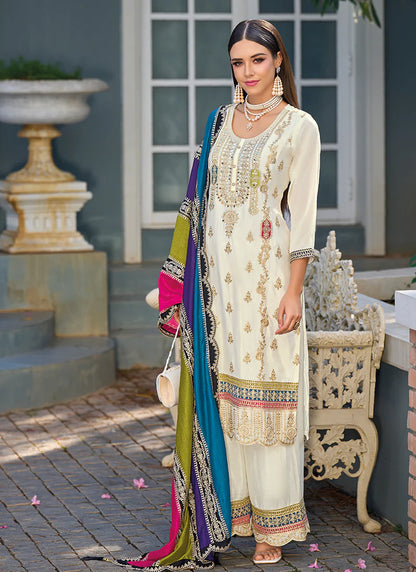 Elegant Off-White Pant Suit with Multicolored Traditional Embroidery