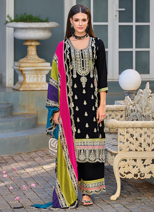 Elegant Black Pant Suit with Multicolored Traditional Embroidery