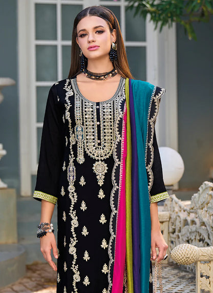 Elegant Black Pant Suit with Multicolored Traditional Embroidery