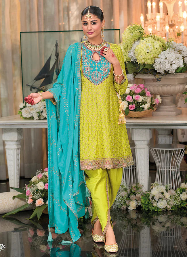 Designer Yellow Teal Embroidered Indian Dhoti Suit