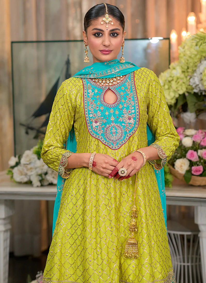 Designer Yellow Teal Embroidered Indian Dhoti Suit