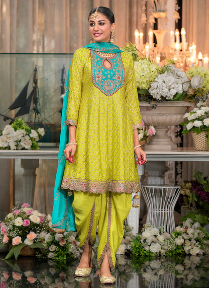 Designer Yellow Teal Embroidered Indian Dhoti Suit