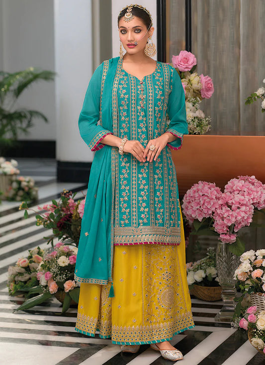 Designer Turquoise and Yellow Palazzo Suit for Celebrations