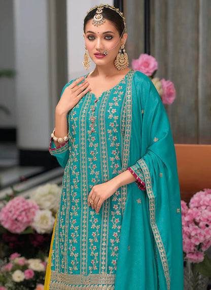 Designer Turquoise and Yellow Palazzo Suit for Celebrations