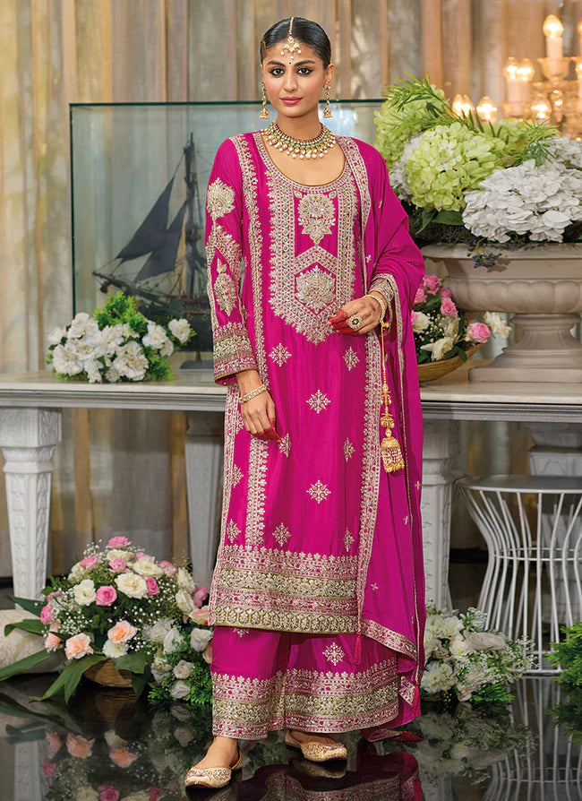 Designer Rani Pink Chinnon Palazzo Suit with Intricate Embroidery