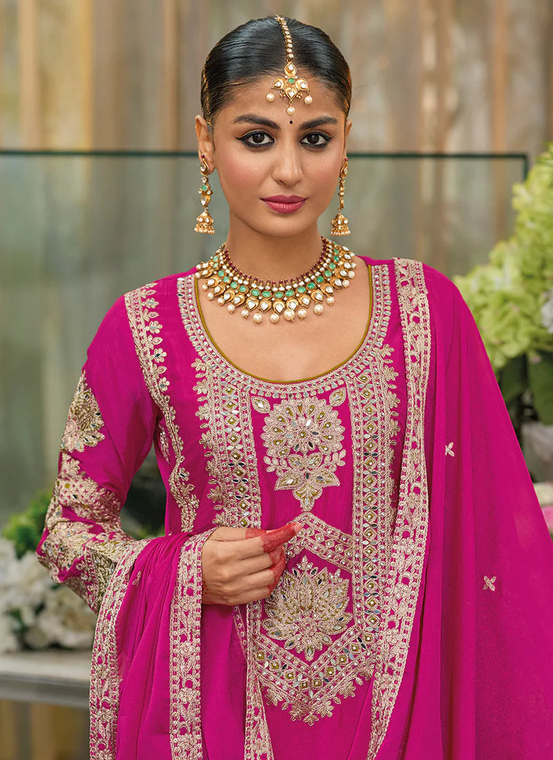 Designer Rani Pink Chinnon Palazzo Suit with Intricate Embroidery