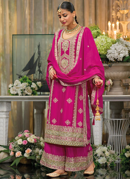 Designer Rani Pink Chinnon Palazzo Suit with Intricate Embroidery