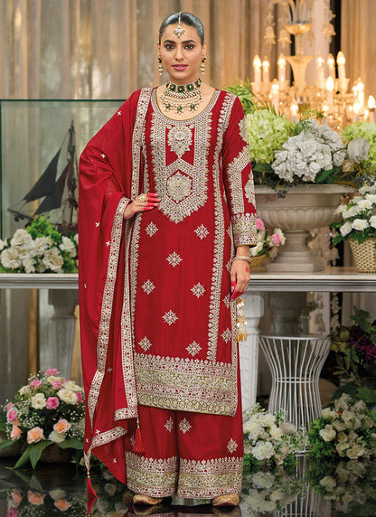 Designer Bridal Red Chinnon Palazzo Suit with Intricate Embroidery