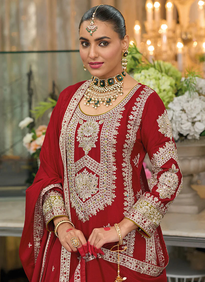 Designer Bridal Red Chinnon Palazzo Suit with Intricate Embroidery