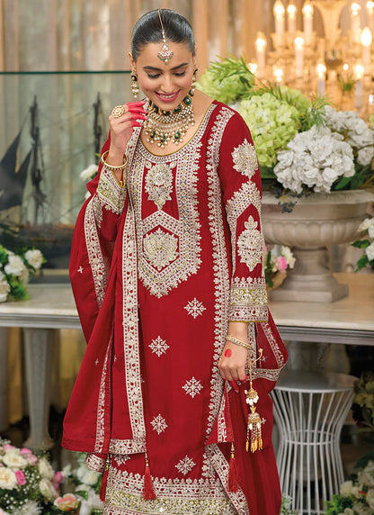 Designer Bridal Red Chinnon Palazzo Suit with Intricate Embroidery