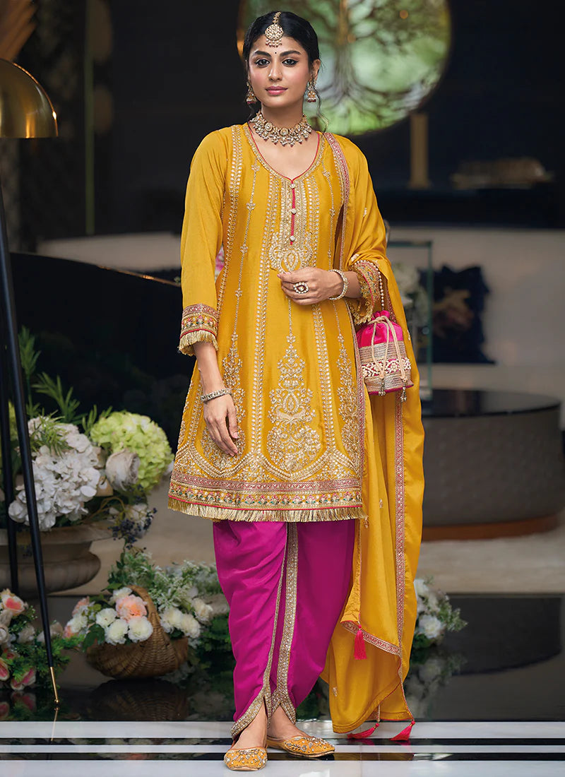 Stunning Yellow Designer Dhoti Suit with Multi-Embroidery