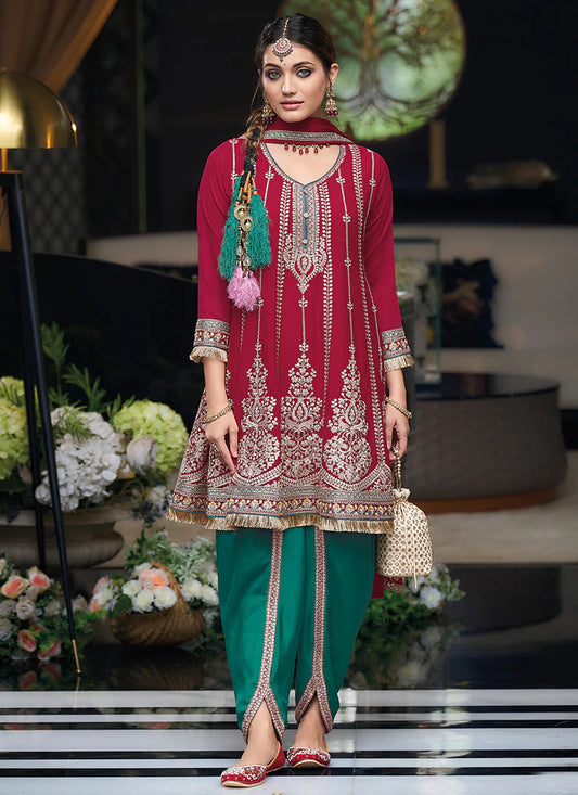 Stunning Red Designer Dhoti Suit with Multi-Embroidery