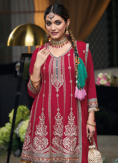 Stunning Red Designer Dhoti Suit with Multi-Embroidery