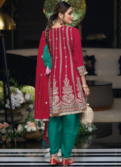 Stunning Red Designer Dhoti Suit with Multi-Embroidery