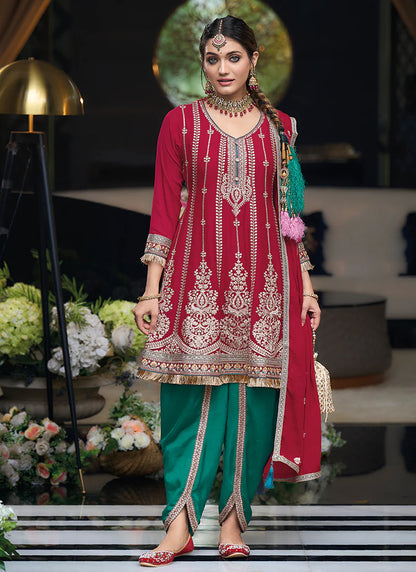 Stunning Red Designer Dhoti Suit with Multi-Embroidery