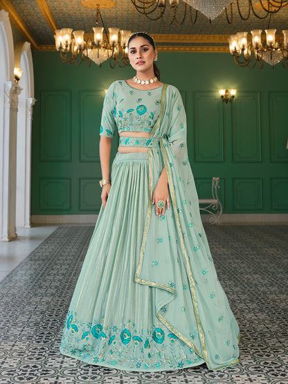 Teal Georgette Sequins Embroidered Work On Lehenga Choli