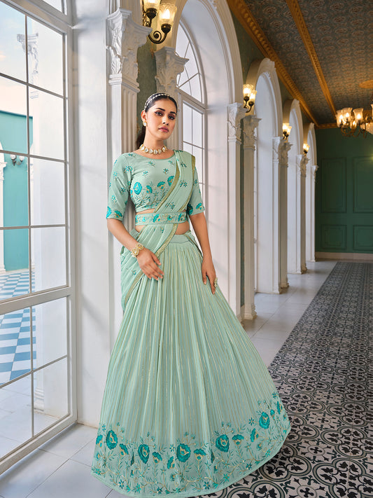 Teal Georgette Sequins Embroidered Work On Lehenga Choli