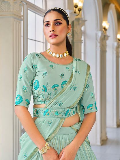 Teal Georgette Sequins Embroidered Work On Lehenga Choli