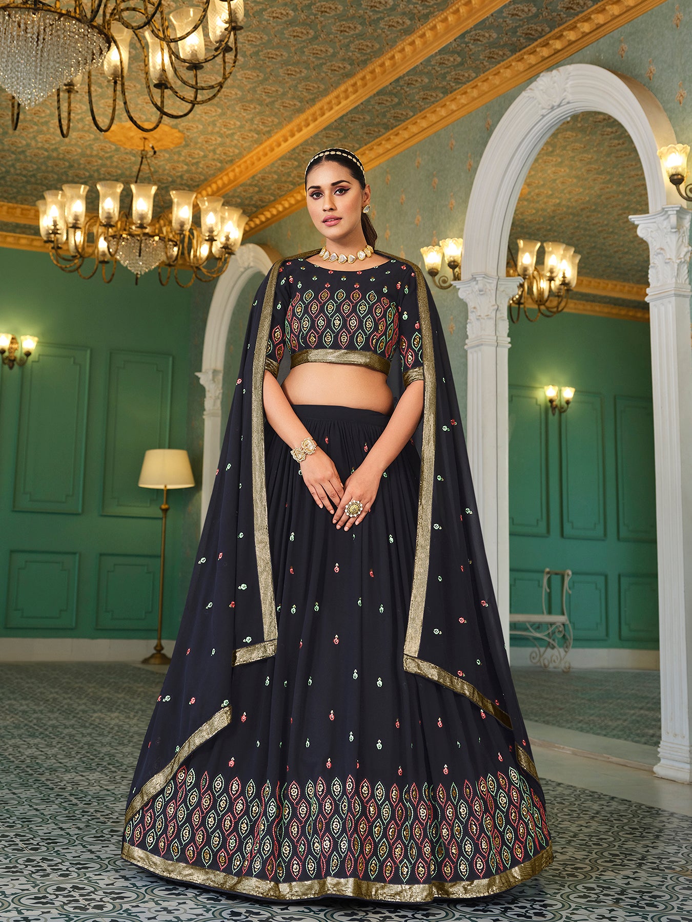 Navy Blue Lehenga choli featuring elegant thread and sequin embroidery