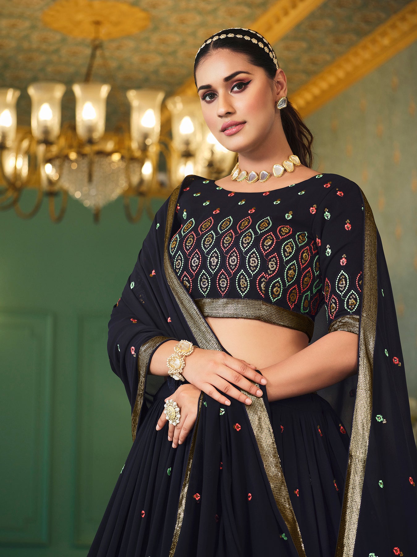 Navy Blue Lehenga choli featuring elegant thread and sequin embroidery