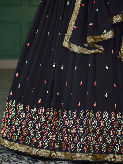 Navy Blue Lehenga choli featuring elegant thread and sequin embroidery