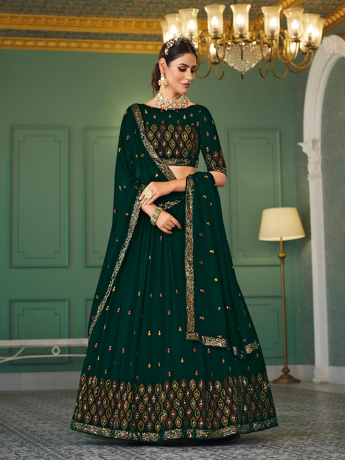 Green Lehenga choli featuring elegant thread and sequin embroidery