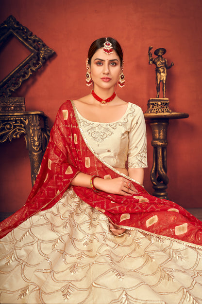 Beige  silk lehenga choli featuring red thread and sequence embroidery