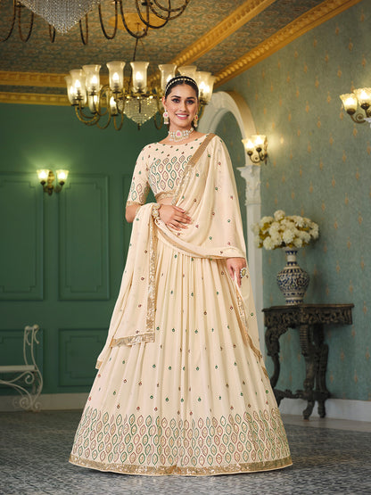 Beige georgette lehenga choli with intricate thread and sequin embroidery