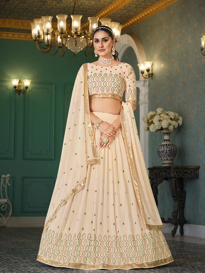 Beige georgette lehenga choli with intricate thread and sequin embroidery