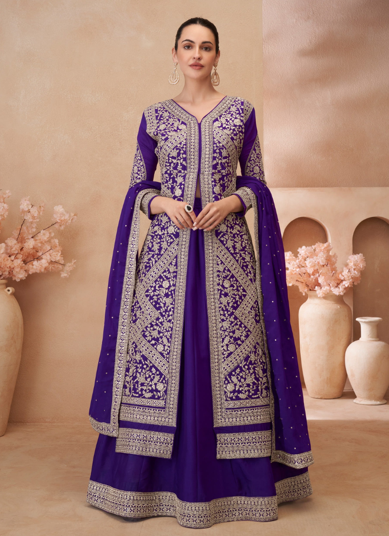 Purple Chinnon Embroidered Anarkali Suit Dupatta for Indian Festivals and Pakistani Weddings